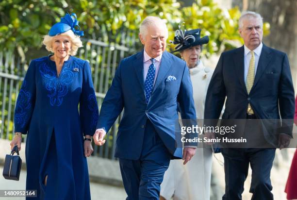 King Charles III, Camilla, Queen Consort, Princess Anne, Princess Royal and Prince Andrew, Duke of York attend the Easter Mattins Service at Windsor...