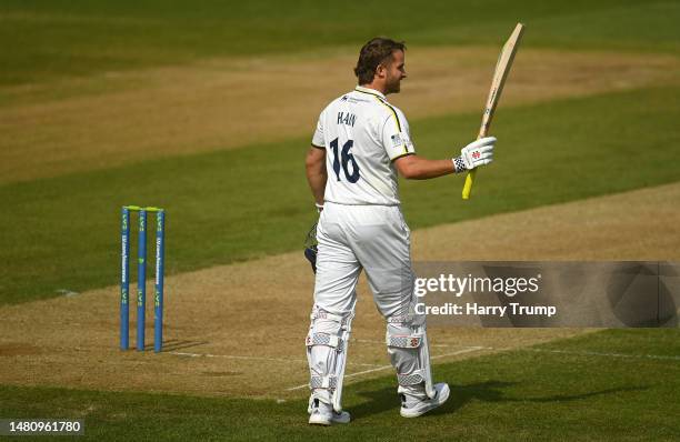 Sam Hain of Warwickshire celebrates their century during Day Four of the LV= Insurance County Championship Division 1 match between Somerset and...
