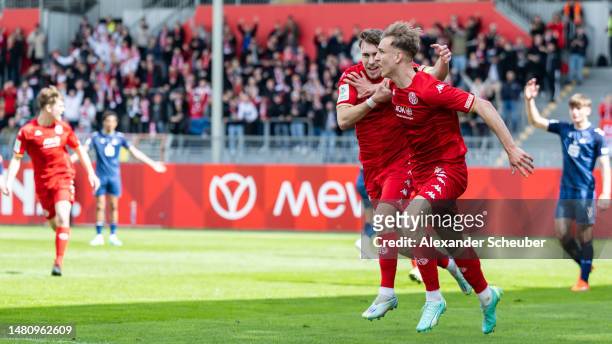 Nelson Weiper of Mainz 05 celebrates his side's first goal during the A juniors german championship semi final leg one match between 1. FSV Mainz 05...