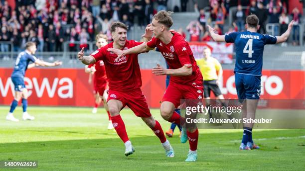 Nelson Weiper of Mainz 05 celebrates his side's first goal during the A juniors german championship semi final leg one match between 1. FSV Mainz 05...