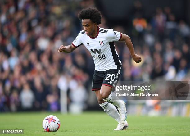 Willian of Fulham during the Premier League match between Fulham FC and West Ham United at Craven Cottage on April 08, 2023 in London, England.