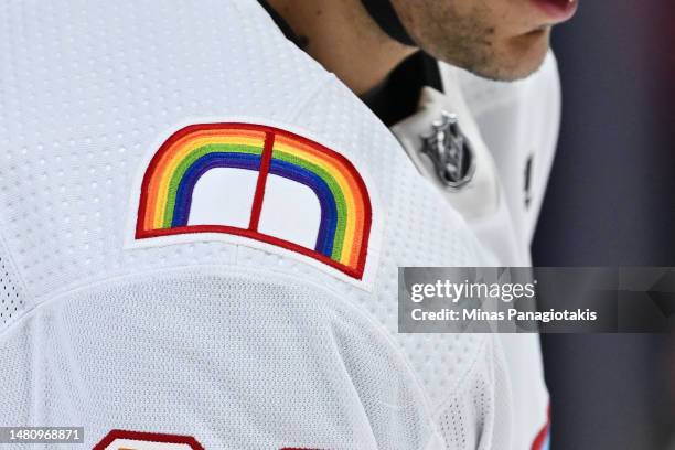 Closeup view of a patch on the Montreal Canadiens' jersey celebrating Pride Night during warm-ups prior to the game against the Washington Capitals...