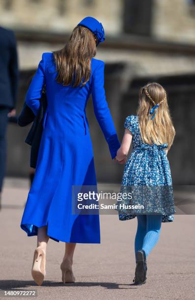 Catherine, Princess of Wales and Princess Charlotte attend the Easter Mattins Service at Windsor Castle on April 09, 2023 in Windsor, England.