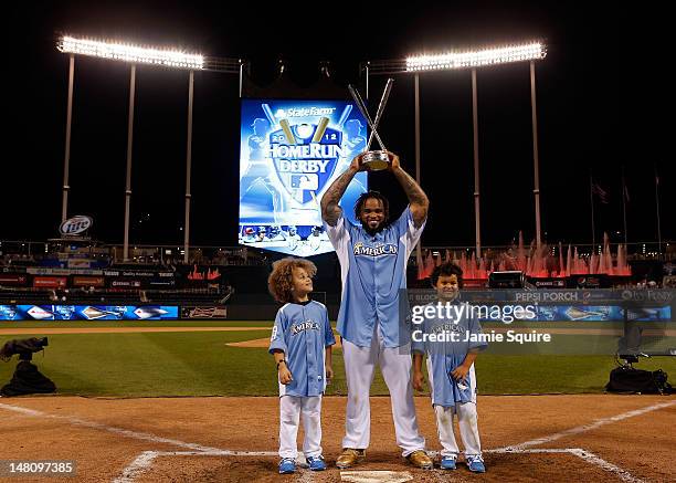 American League All-Star Prince Fielder of the Detroit Tigers poses with sons Jaden and Haven after winning the State Farm Home Run Derby at Kauffman...