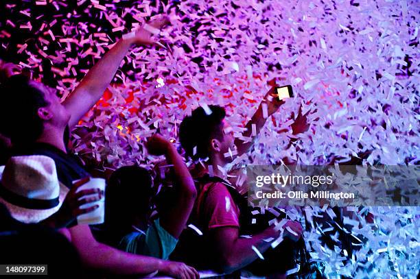 The crowd during the David Guetta performance onstage during day 1 of the Ibiza 123 Festival: Rocktronic Sunset Strip on July 1, 2012 in Ibiza, Spain.