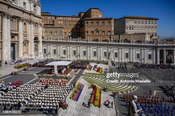 General view of St. Peter's Square as Pope Francis presides over the Easter Mass, on April 9, 2023 in Vatican City, Vatican. Following the liturgy,...