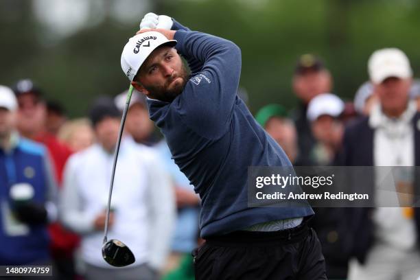 Jon Rahm of Spain plays his shot from the eighth tee during the continuation of the weather delayed third round of the 2023 Masters Tournament at...