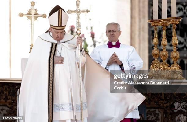 Pope Francis leads the Easter Mass in St. Peter's Square on April 09, 2023 in Vatican City, Vatican. Over 45,000 pilgrims filled a sunny St. Peter’s...