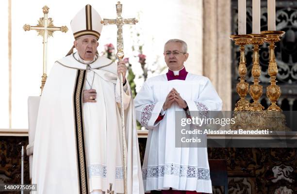 Pope Francis leads the Easter Mass in St. Peter's Square on April 09, 2023 in Vatican City, Vatican. Over 45,000 pilgrims filled a sunny St. Peter’s...