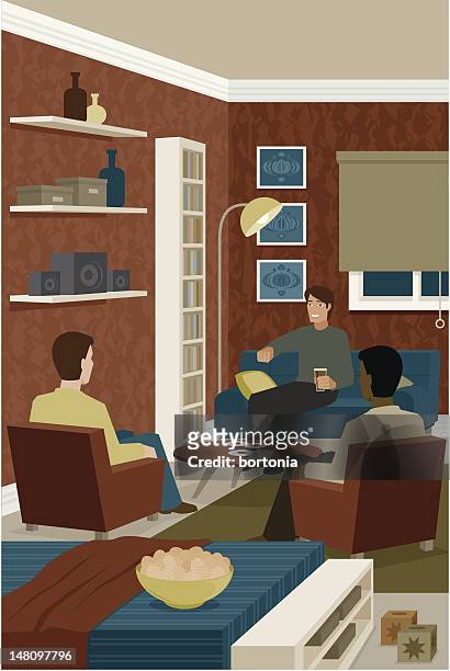 illustrations, cliparts, dessins animés et icônes de jeune homme assis dans la salle de séjour, parler et manger un en-cas - dorm room