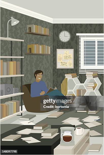 illustrations, cliparts, dessins animés et icônes de homme lisant livre dans la chambre en désordre recouverte de papier - dorm room