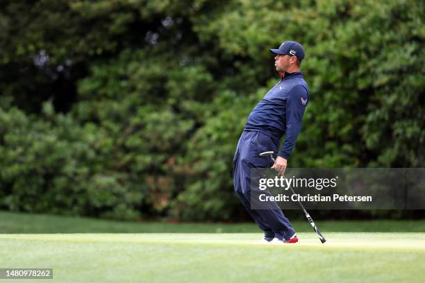 Gary Woodland of the United States reacts to his putt on the 11th green during the continuation of the weather delayed third round of the 2023...