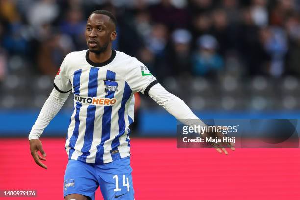 Dodi Lukebakio of Hertha BSC reacts during the Bundesliga match between Hertha BSC and RB Leipzig at Olympiastadion on April 08, 2023 in Berlin,...