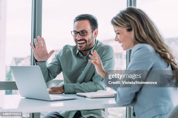 business team in video conference. - employee engagement remote stock pictures, royalty-free photos & images