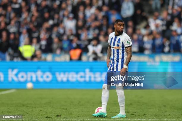 Kevin-Prince Boateng of Hertha BSC looks on during the Bundesliga match between Hertha BSC and RB Leipzig at Olympiastadion on April 08, 2023 in...