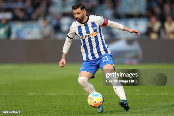 Marvin Plattenhardt of Hertha BSC controls the ball during the Bundesliga match between Hertha BSC and RB Leipzig at Olympiastadion on April 08, 2023...