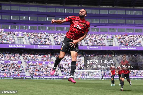 Vedat Muriqi of RCD Mallorca celebrates after scoring the team's first goal during the LaLiga Santander match between Real Valladolid CF and RCD...