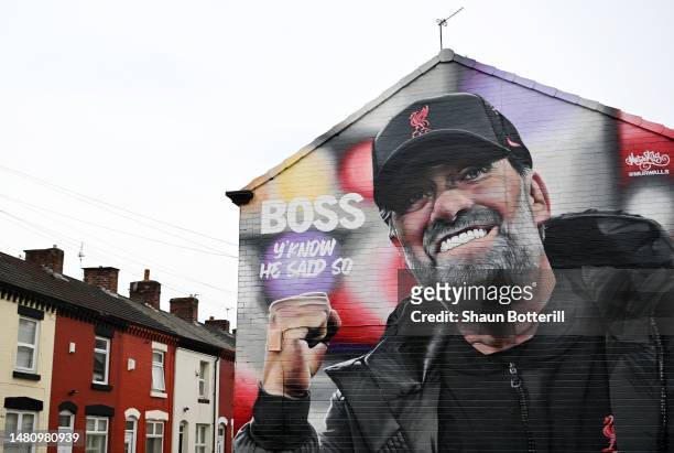 Mural of Juergen Klopp, Manager of Liverpool, is seen outside the stadium prior to the Premier League match between Liverpool FC and Arsenal FC at...
