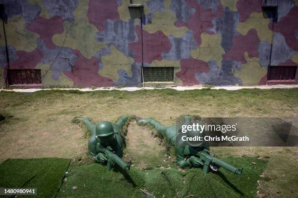 Statues of Taiwanese soldiers are seen at the Houlin Laser Shooting range on April 09, 2023 in Kinmen, Taiwan. Kinmen, an island in the Taiwan strait...