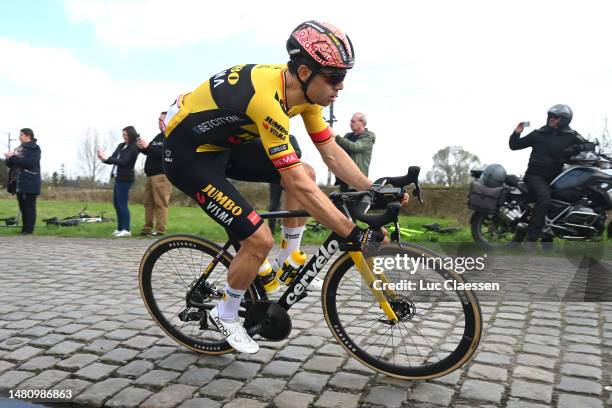 Wout Van Aert of Belgium and Team Jumbo-Visma competes in the breakaway during the 120th Paris-Roubaix 2023, Men's Elite a 256.6km one day race from...