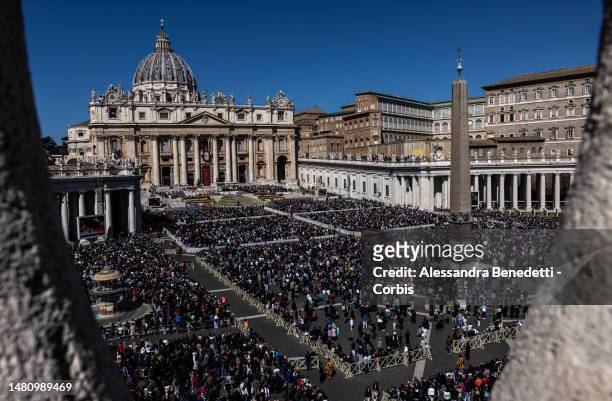 General view of St. Peter's Square as Pope Francis leads the Easter Mass on April 09, 2023 in Vatican City, Vatican. Over 45,000 pilgrims filled a...