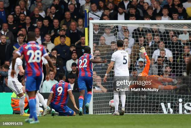 Jordan Ayew of Crystal Palace scores the team's second goal during the Premier League match between Leeds United and Crystal Palace at Elland Road on...