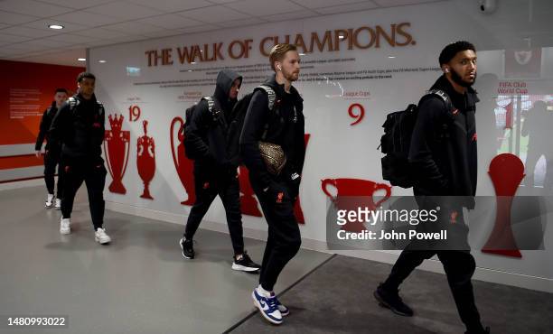 Joe Gomez and Caoimhin Kelleher of Liverpool arriving before the Premier League match between Liverpool FC and Arsenal FC at Anfield on April 09,...