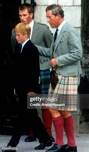 Prince Harry, Prince Charles, Prince of Wales and Peter Phillips arrive to view bouquets of flowers left in memory of Diana, Princess of Wales on...
