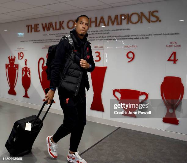 Virgil van Dijk of Liverpool arriving before the Premier League match between Liverpool FC and Arsenal FC at Anfield on April 09, 2023 in Liverpool,...