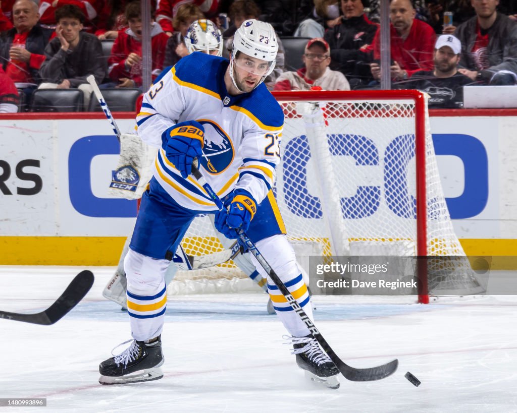 Shell Samuelson Nhl Mattias Samuelsson of the Buffalo Sabres passes the puck Detroit Red ...