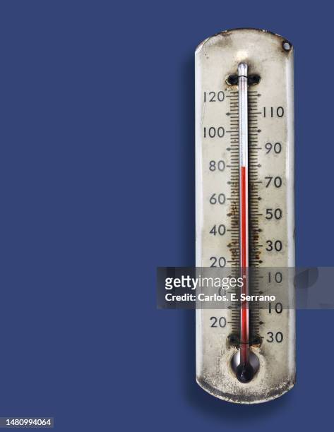 old style metal and mercury temperature gauge - meteorology thermometers stock pictures, royalty-free photos & images