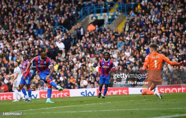 Jordan Ayew of Crystal Palace scores the team's fifth goal past Illan Meslier of Leeds United during the Premier League match between Leeds United...