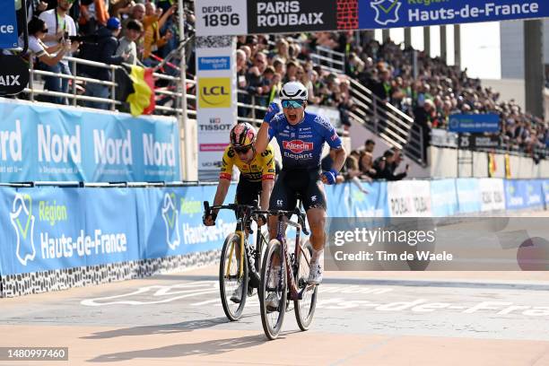 Jasper Philipsen of Belgium and Team Alpecin-Deceuninck celebrates at finish line during the 120th Paris-Roubaix 2023, Men's Elite a 256.6km one day...