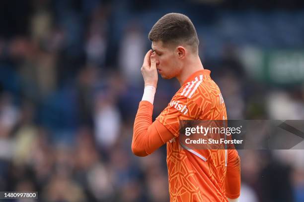 Illan Meslier of Leeds United looks dejected following the Premier League match between Leeds United and Crystal Palace at Elland Road on April 09,...