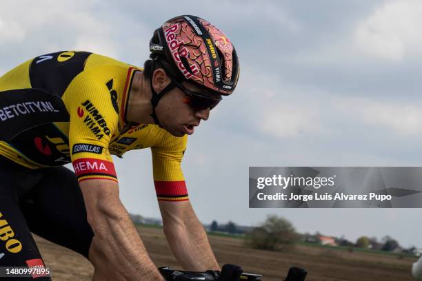 Wout Van Aert of Belgium and Team Jumbo-Visma competes during the 120th Paris-Roubaix 2023 a 257 km race from Compiegne to Roubaix on April 9, 2023...