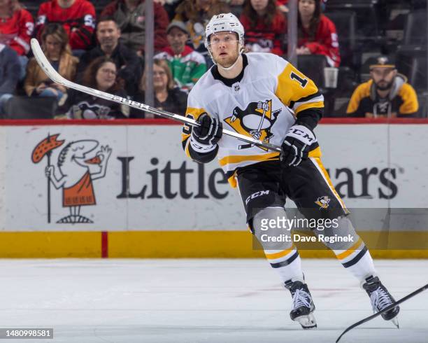 Alex Nylander of the Pittsburgh Penguins follows the play against the Detroit Red Wings during the third period of an NHL game at Little Caesars...
