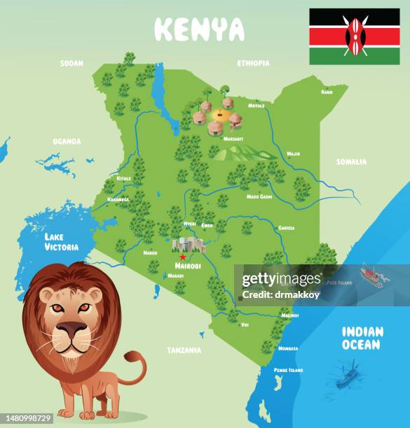 lion and kenya maps - african savanna map stock illustrations