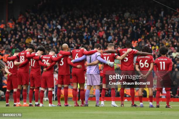 General view as players of Liverpool and Arsenal line up to pay tribute to victims of the Hillsborough Disaster prior to the Premier League match...