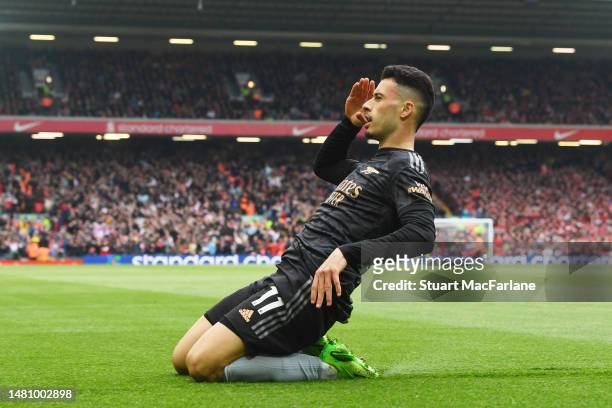 Gabriel Martinelli of Arsenal celebrates after scoring the team's first goal during the Premier League match between Liverpool FC and Arsenal FC at...