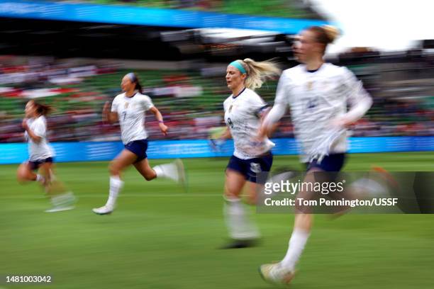 Julie Ertz of the United States runs sprints after beating the Republic of Ireland 2-0 in a 2023 International Friendly match at Q2 Stadium on April...