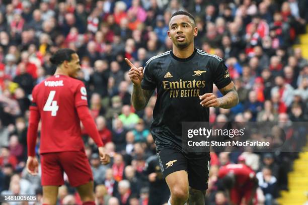 Gabriel Jesus of Arsenal celebrates after scoring the team's second goal during the Premier League match between Liverpool FC and Arsenal FC at...