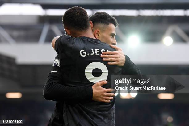 Gabriel Jesus of Arsenal celebrates after scoring the team's second goal with teammate Gabriel Martinelli during the Premier League match between...