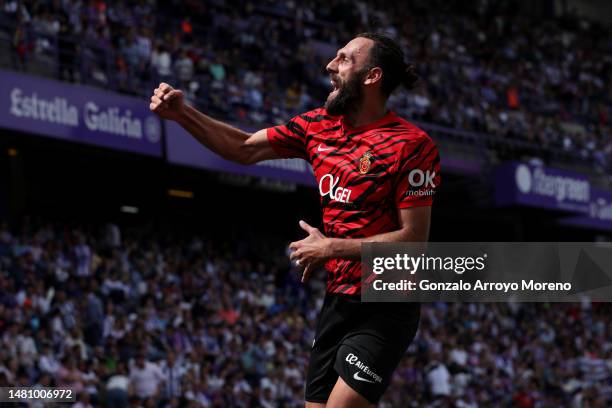 Vedat Muriqi of RCD Mallorca celebrates scoring their third goal during the LaLiga Santander match between Real Valladolid CF and RCD Mallorca at...