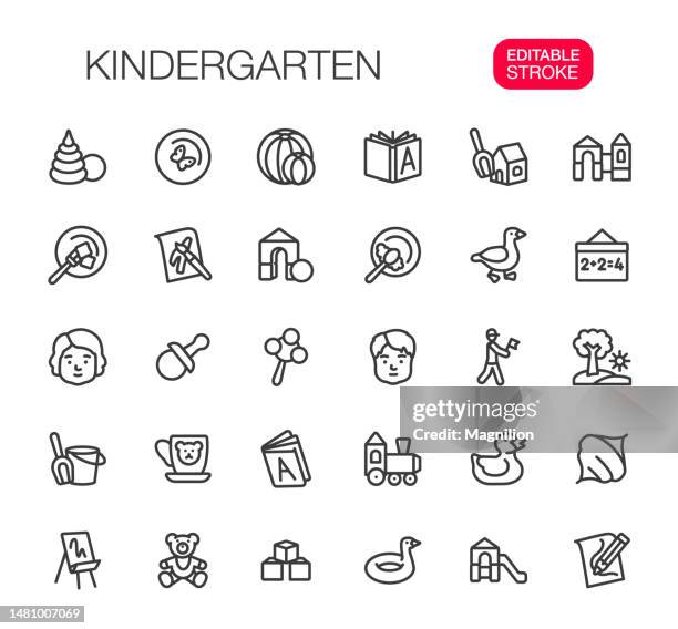 kindergarten thin line icons set editable stroke - daycare stock illustrations