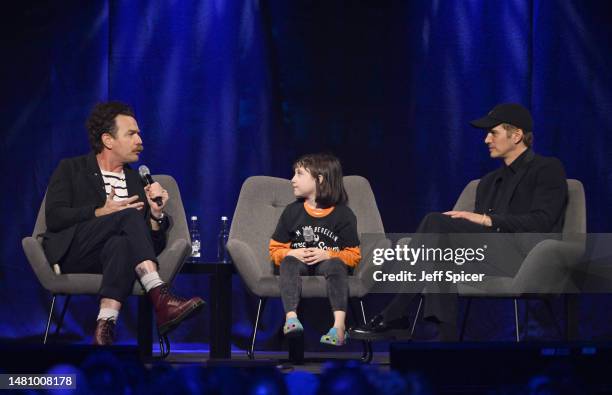 Ewan McGregor, Vivien Lyra Blair and Hayden Christensen on stage during the Obi-Wan Kenobi panel at Star Wars Celebration in London at ExCel on April...