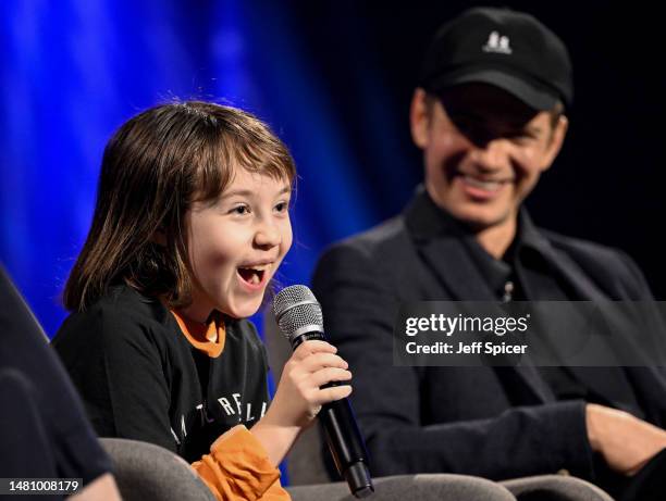 Vivien Lyra Blair and Hayden Christensen on stage during the Obi-Wan Kenobi panel at Star Wars Celebration in London at ExCel on April 09, 2023 in...