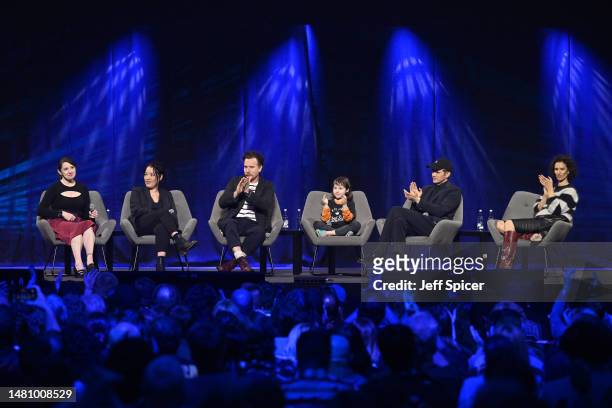 Amy Ratcliffe, Deborah Chow, Ewan McGregor, Vivien Lyra Blair, Hayden Christensen and Indira Varma on stage during the Obi-Wan Kenobi panel at Star...