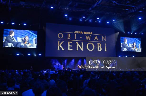 Amy Ratcliffe, Deborah Chow, Ewan McGregor, Vivien Lyra Blair, Hayden Christensen and Indira Varma on stage during the Obi-Wan Kenobi panel at Star...