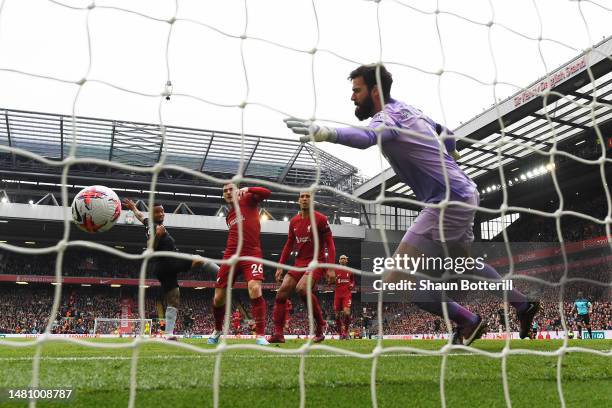 General view as Gabriel Jesus of Arsenal scores the team's second goal as Alisson Becker of Liverpool fails to make a save during the Premier League...