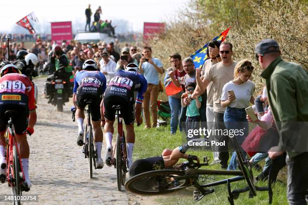 Mathieu van der Poel of The Netherlands and Team Alpecin-Deceuninck and John Degenkolb of Germany and Team DSM during the 120th Paris-Roubaix 2023,...